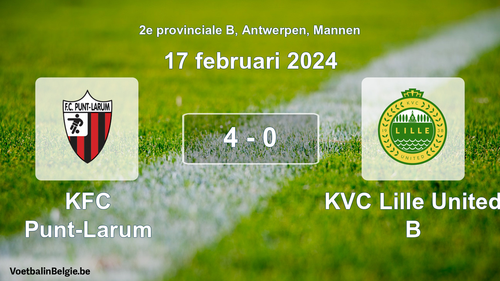 Gespeelde wedstrijd mannenvoetbal: KFC Punt-Larum - KVC Lille United B 4 - 0 (17 februari 2024)