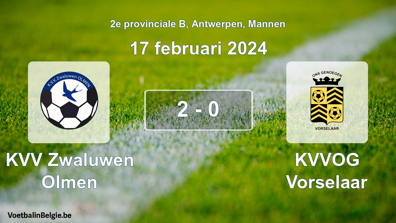Gespeelde wedstrijd mannenvoetbal: KVV Zwaluwen Olmen - KVVOG Vorselaar 2 - 0 (17 februari 2024)
