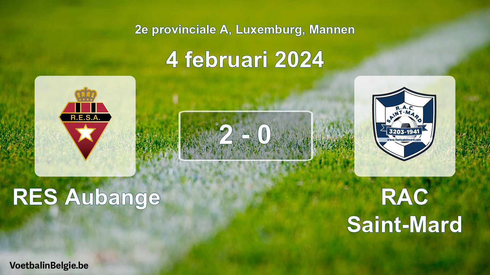 Gespeelde wedstrijd mannenvoetbal: RES Aubange - RAC Saint-Mard 2 - 0 (4 februari 2024)