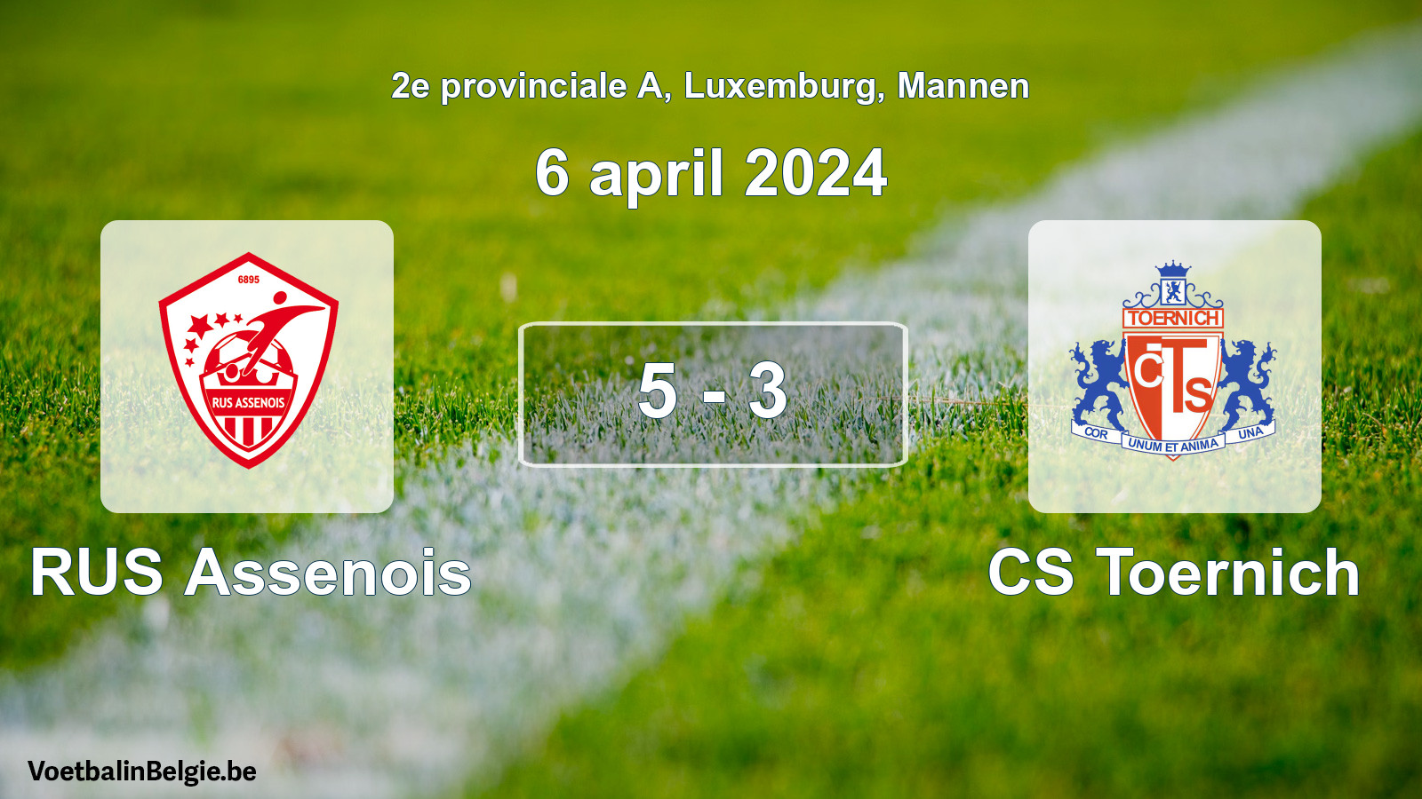 Gespeelde wedstrijd mannenvoetbal: RUS Assenois - CS Toernich 5 - 3 (6 april 2024)