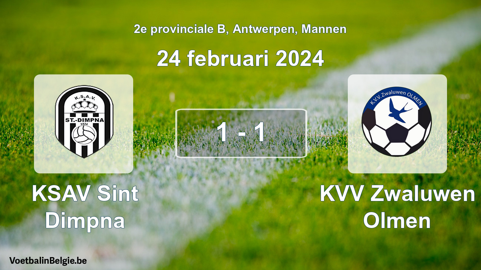 Gespeelde wedstrijd mannenvoetbal: KSAV Sint Dimpna - KVV Zwaluwen Olmen 1 - 1 (24 februari 2024)