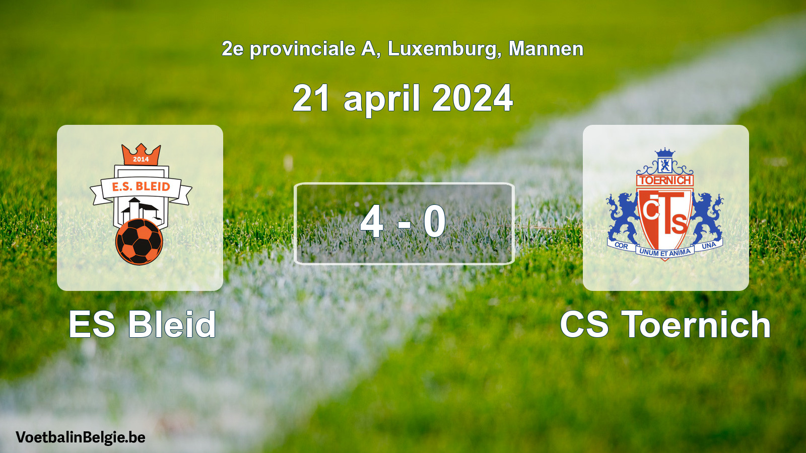 Gespeelde wedstrijd mannenvoetbal: ES Bleid - CS Toernich 4 - 0 (21 april 2024)