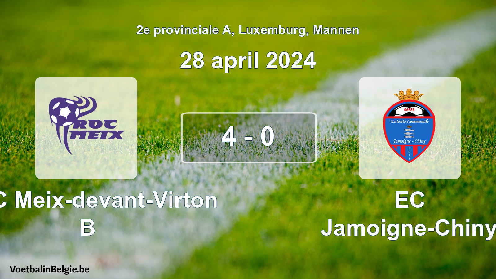 Gespeelde wedstrijd mannenvoetbal: ROC Meix-devant-Virton B - EC Jamoigne-Chiny 4 - 0 (28 april 2024)