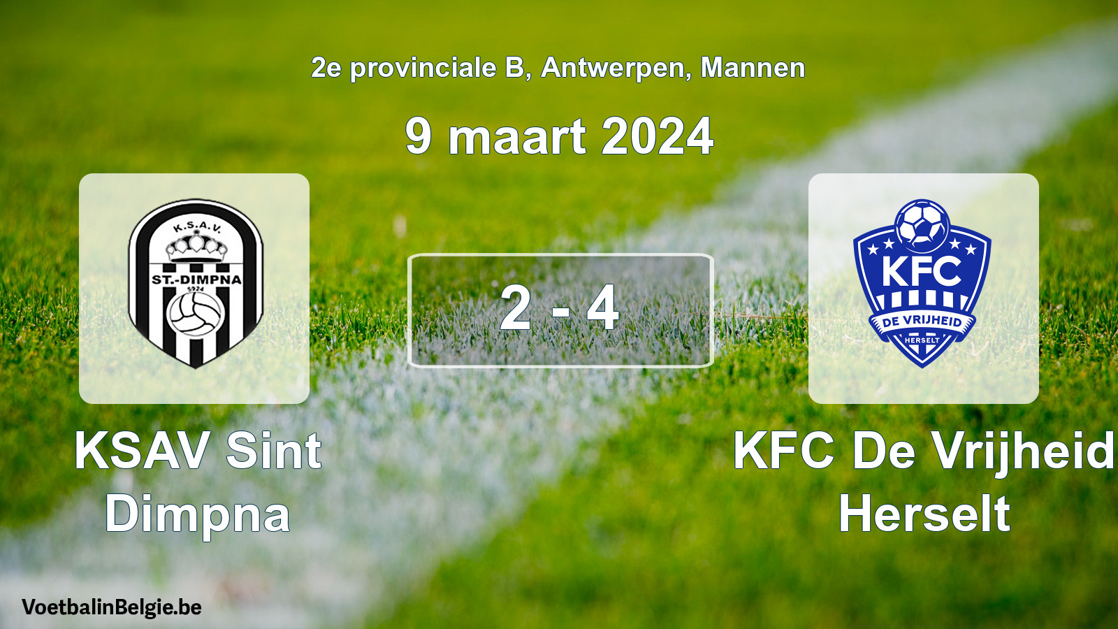 Gespeelde wedstrijd mannenvoetbal: KSAV Sint Dimpna - KFC De Vrijheid Herselt 2 - 4 (9 maart 2024)