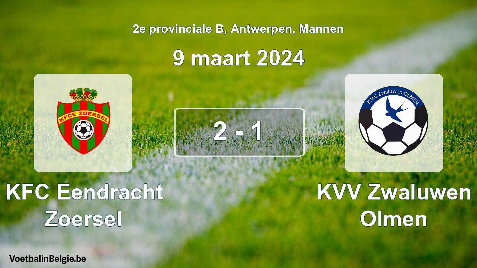 Gespeelde wedstrijd mannenvoetbal: KFC Eendracht Zoersel - KVV Zwaluwen Olmen 2 - 1 (9 maart 2024)