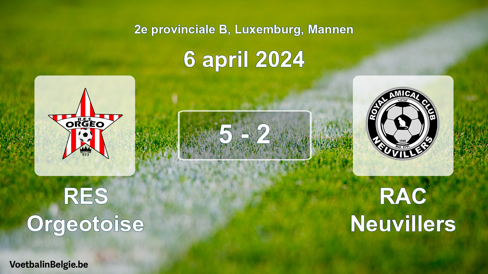 Gespeelde wedstrijd mannenvoetbal: RES Orgeotoise - RAC Neuvillers 5 - 2 (6 april 2024)