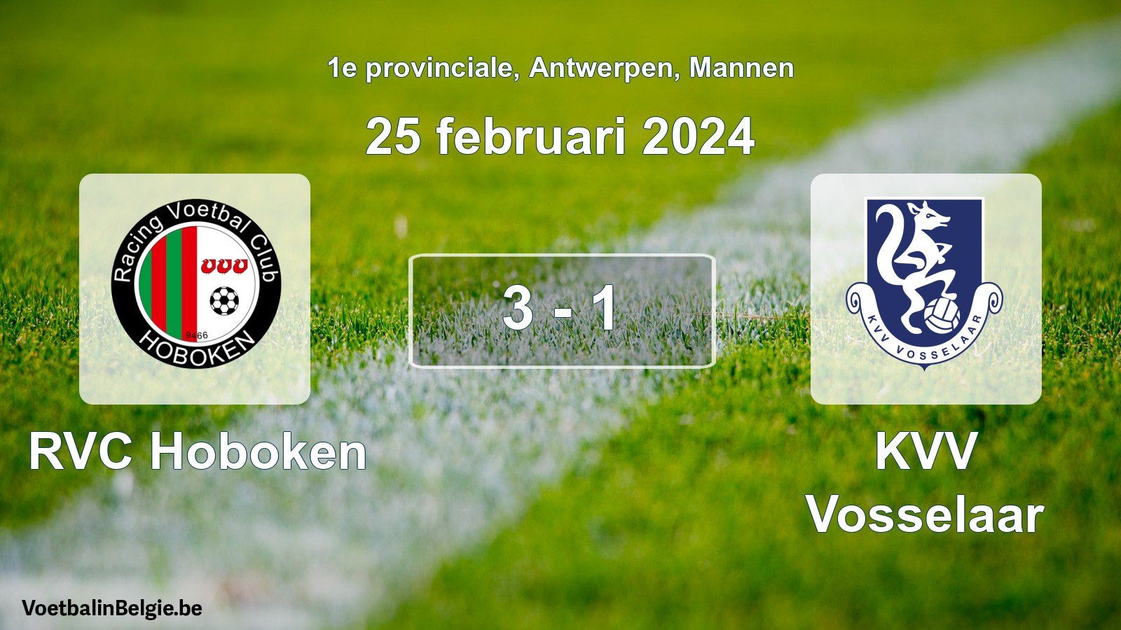 Gespeelde wedstrijd mannenvoetbal: RVC Hoboken - KVV Vosselaar 3 - 1 (25 februari 2024)