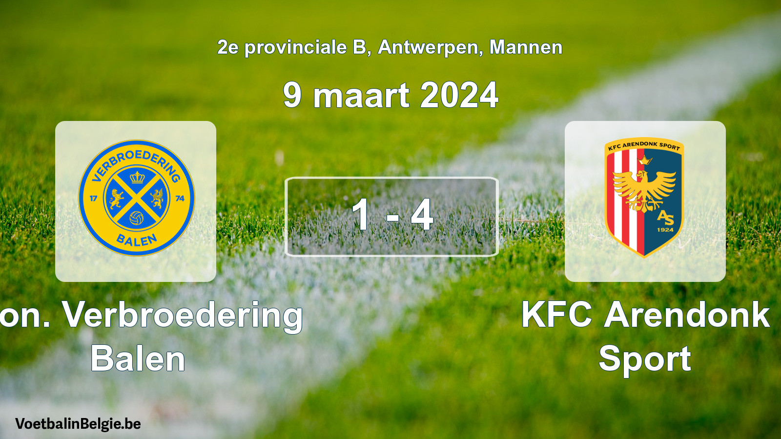 Gespeelde wedstrijd mannenvoetbal: Kon. Verbroedering Balen - KFC Arendonk Sport 1 - 4 (9 maart 2024)