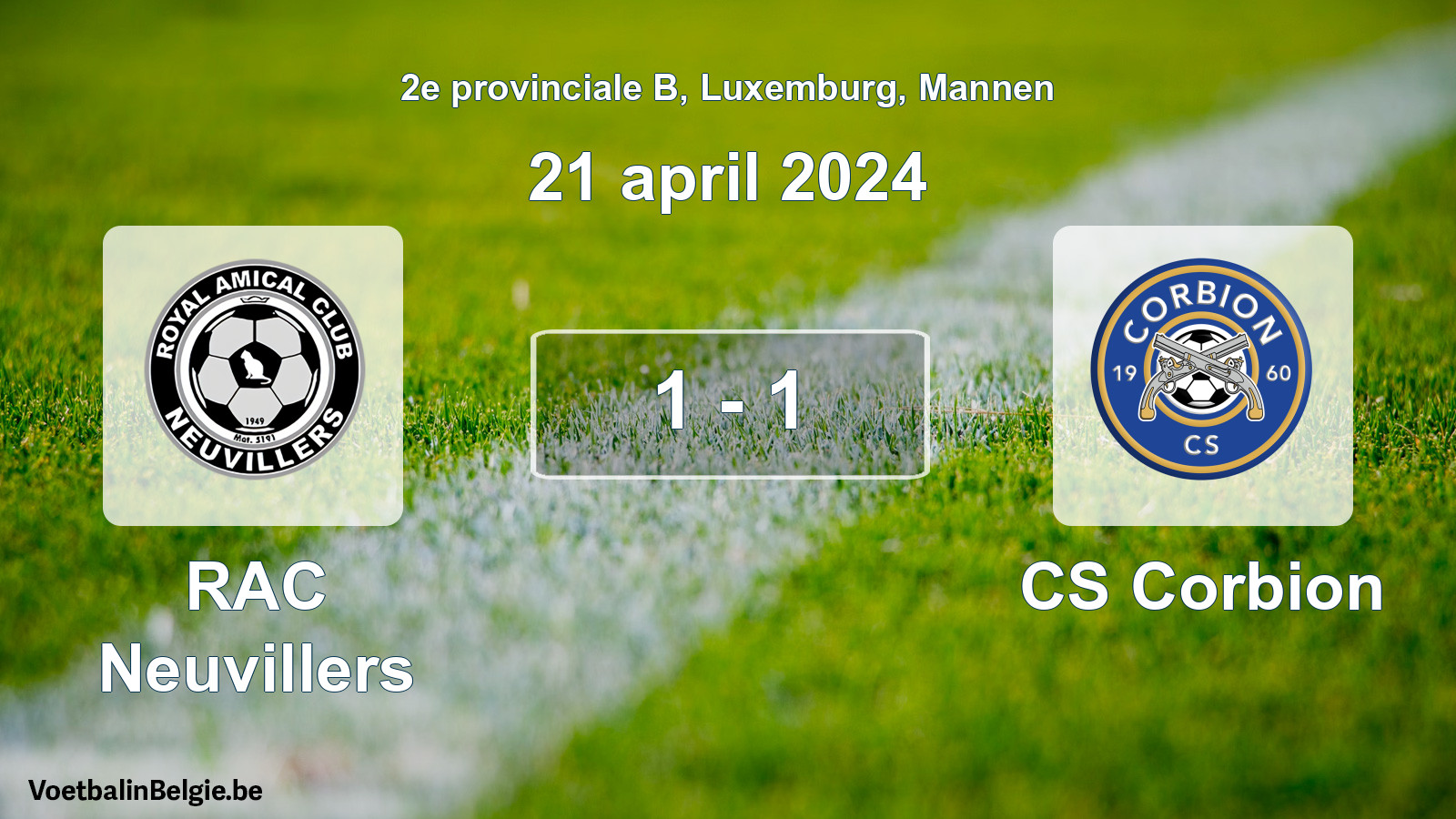 Gespeelde wedstrijd mannenvoetbal: RAC Neuvillers - CS Corbion 1 - 1 (21 april 2024)