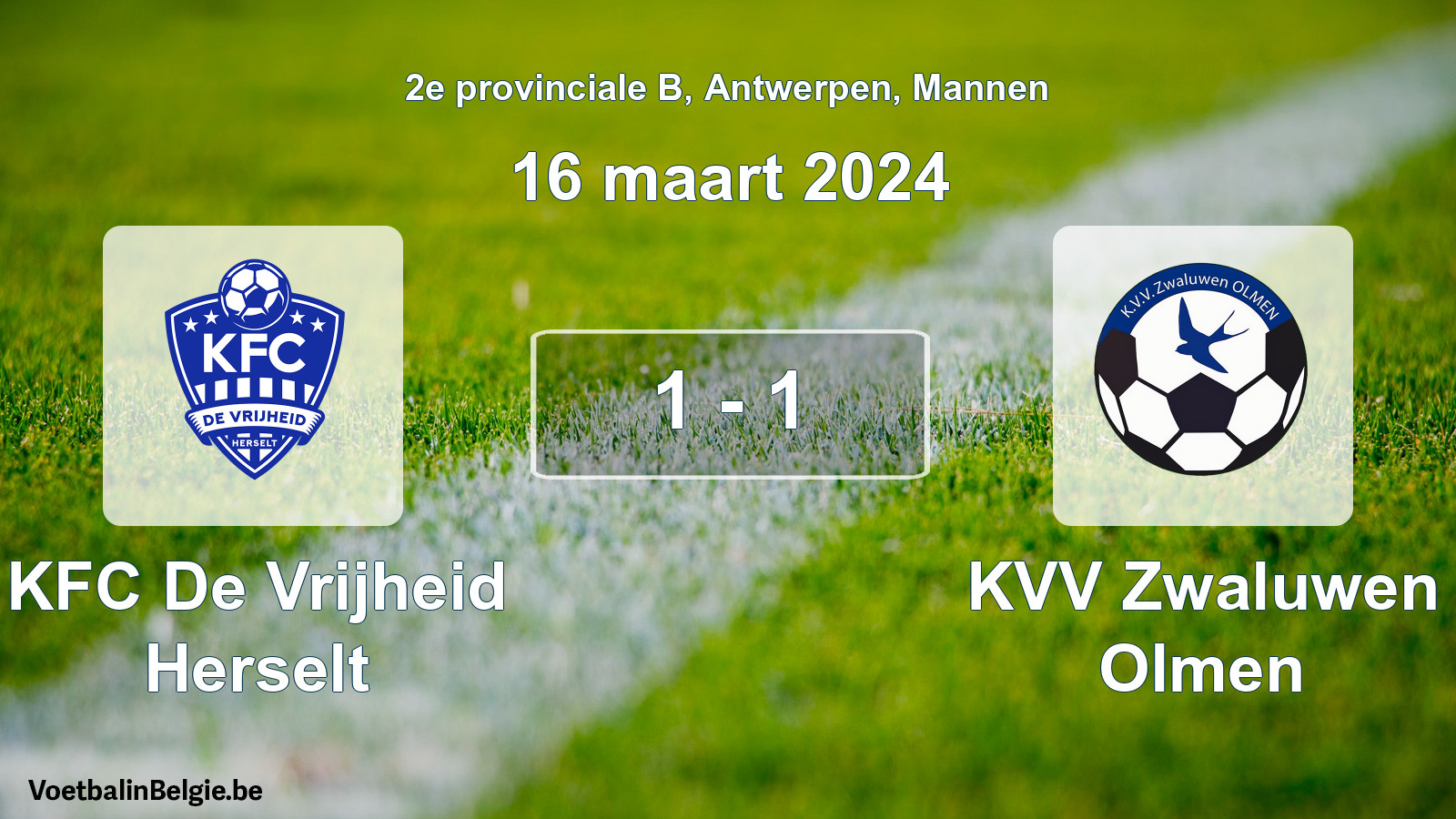 Gespeelde wedstrijd mannenvoetbal: KFC De Vrijheid Herselt - KVV Zwaluwen Olmen 1 - 1 (16 maart 2024)