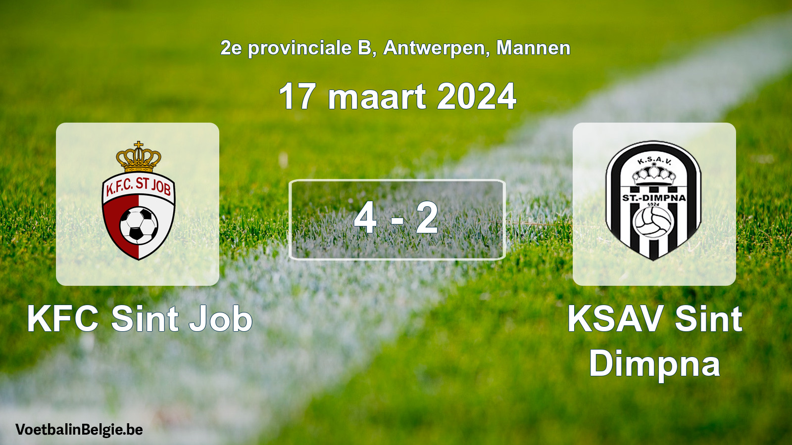 Gespeelde wedstrijd mannenvoetbal: KFC Sint Job - KSAV Sint Dimpna 4 - 2 (17 maart 2024)