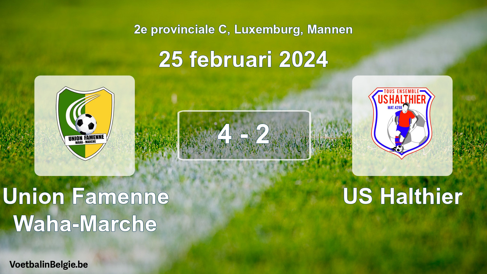 Gespeelde wedstrijd mannenvoetbal: Union Famenne Waha-Marche - US Halthier 4 - 2 (25 februari 2024)
