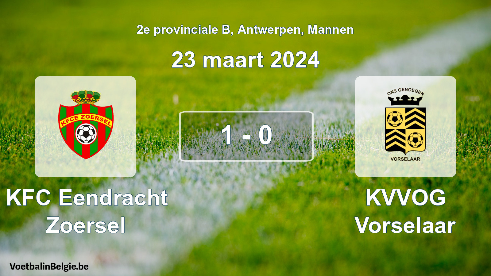 Gespeelde wedstrijd mannenvoetbal: KFC Eendracht Zoersel - KVVOG Vorselaar 1 - 0 (23 maart 2024)