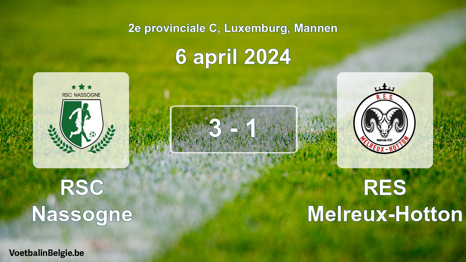Gespeelde wedstrijd mannenvoetbal: RSC Nassogne - RES Melreux-Hotton 3 - 1 (6 april 2024)