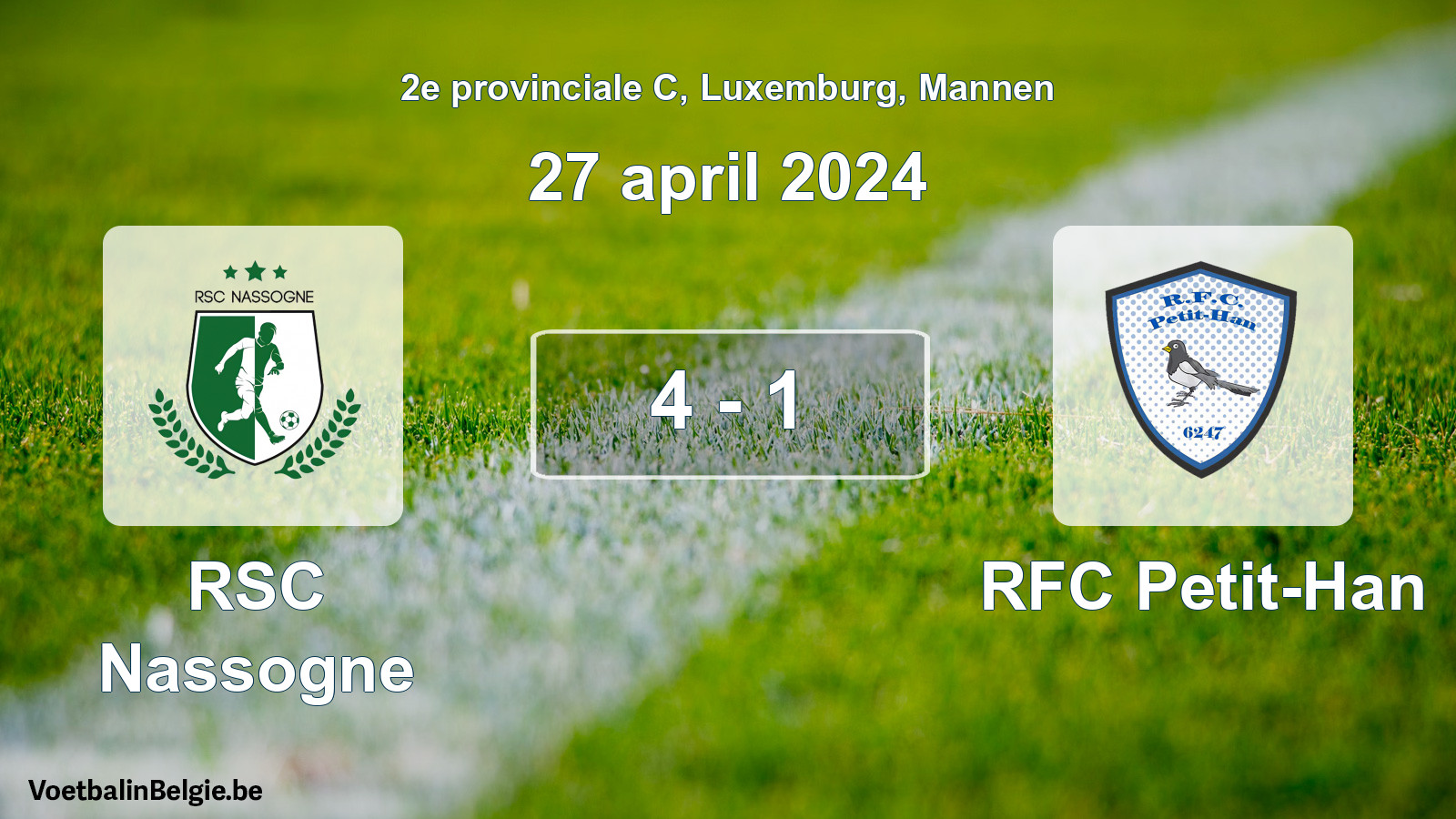 Gespeelde wedstrijd mannenvoetbal: RSC Nassogne - RFC Petit-Han 4 - 1 (27 april 2024)