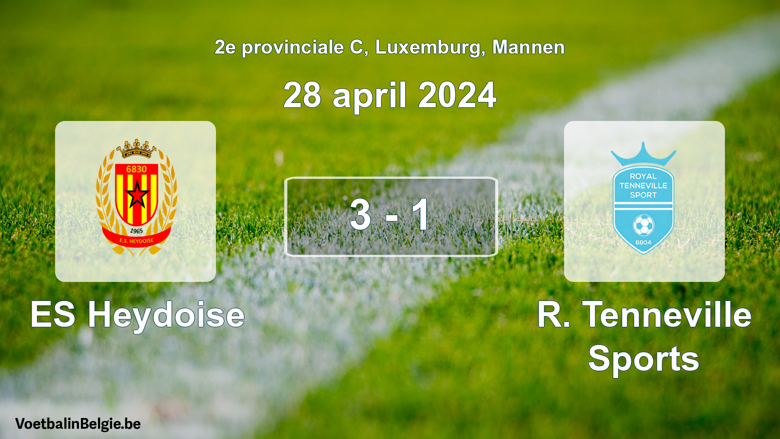 Gespeelde wedstrijd mannenvoetbal: ES Heydoise - R. Tenneville Sports 3 - 1 (28 april 2024)