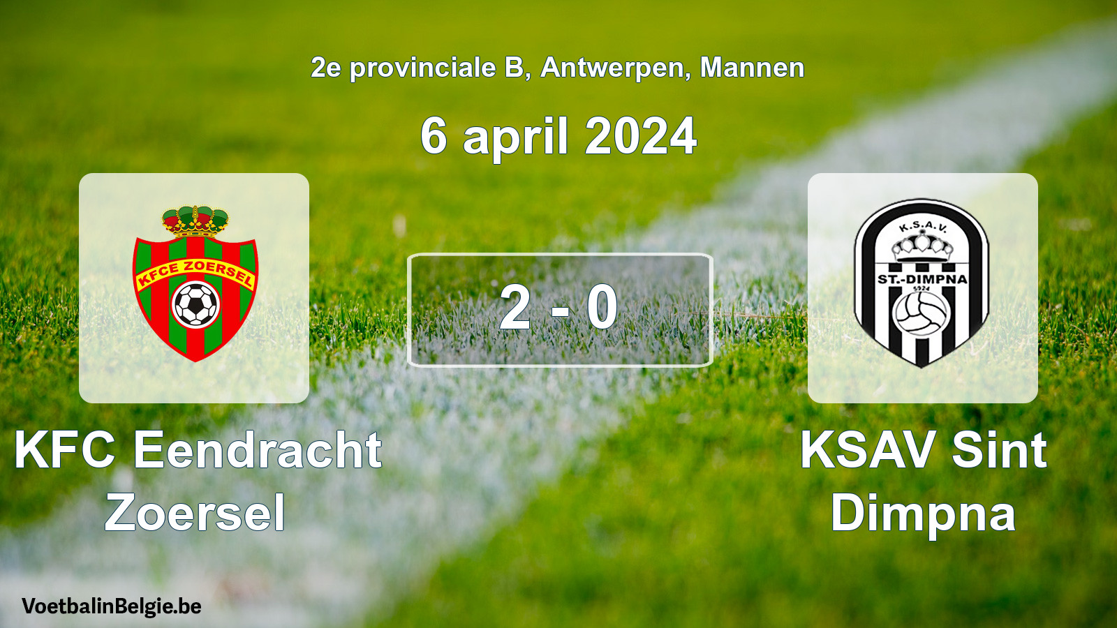 Gespeelde wedstrijd mannenvoetbal: KFC Eendracht Zoersel - KSAV Sint Dimpna 2 - 0 (6 april 2024)