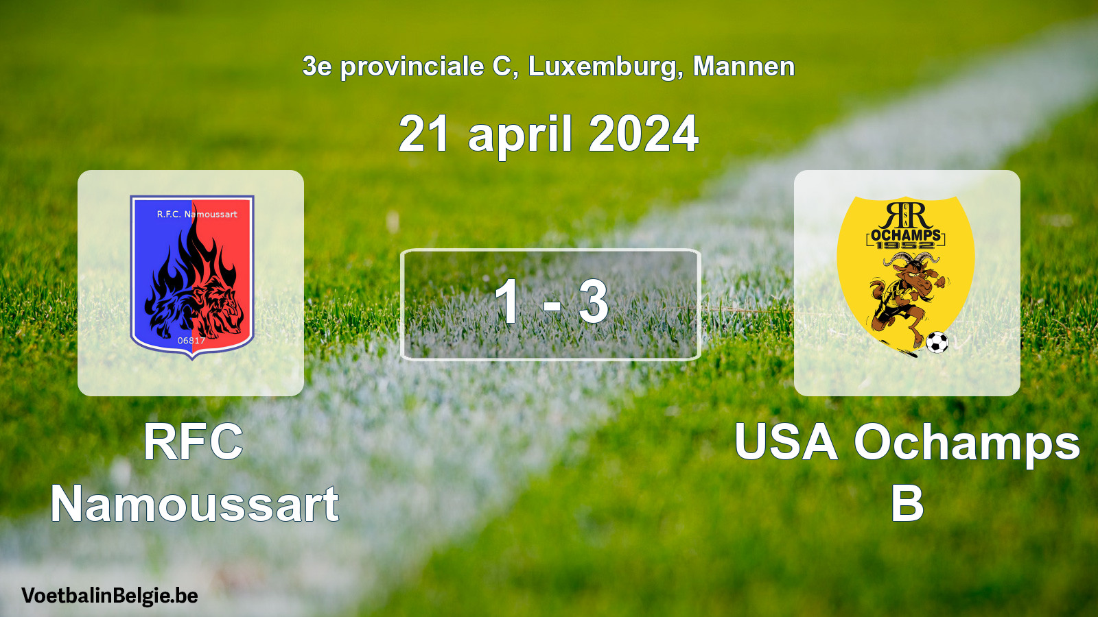 Gespeelde wedstrijd mannenvoetbal: RFC Namoussart - USA Ochamps B 1 - 3 (21 april 2024)