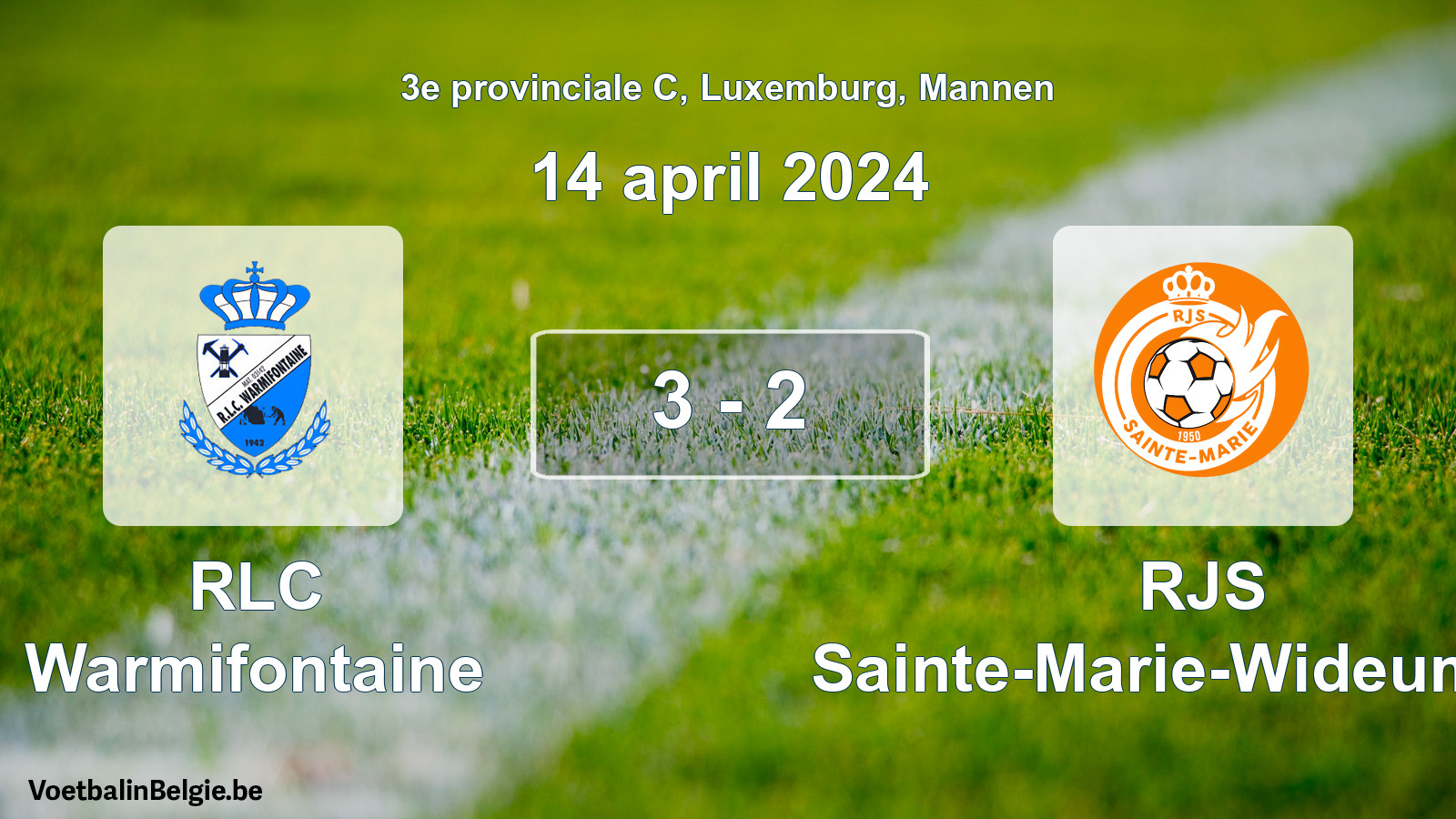 Gespeelde wedstrijd mannenvoetbal: RLC Warmifontaine - RJS Sainte-Marie-Wideumont 3 - 2 (14 april 2024)