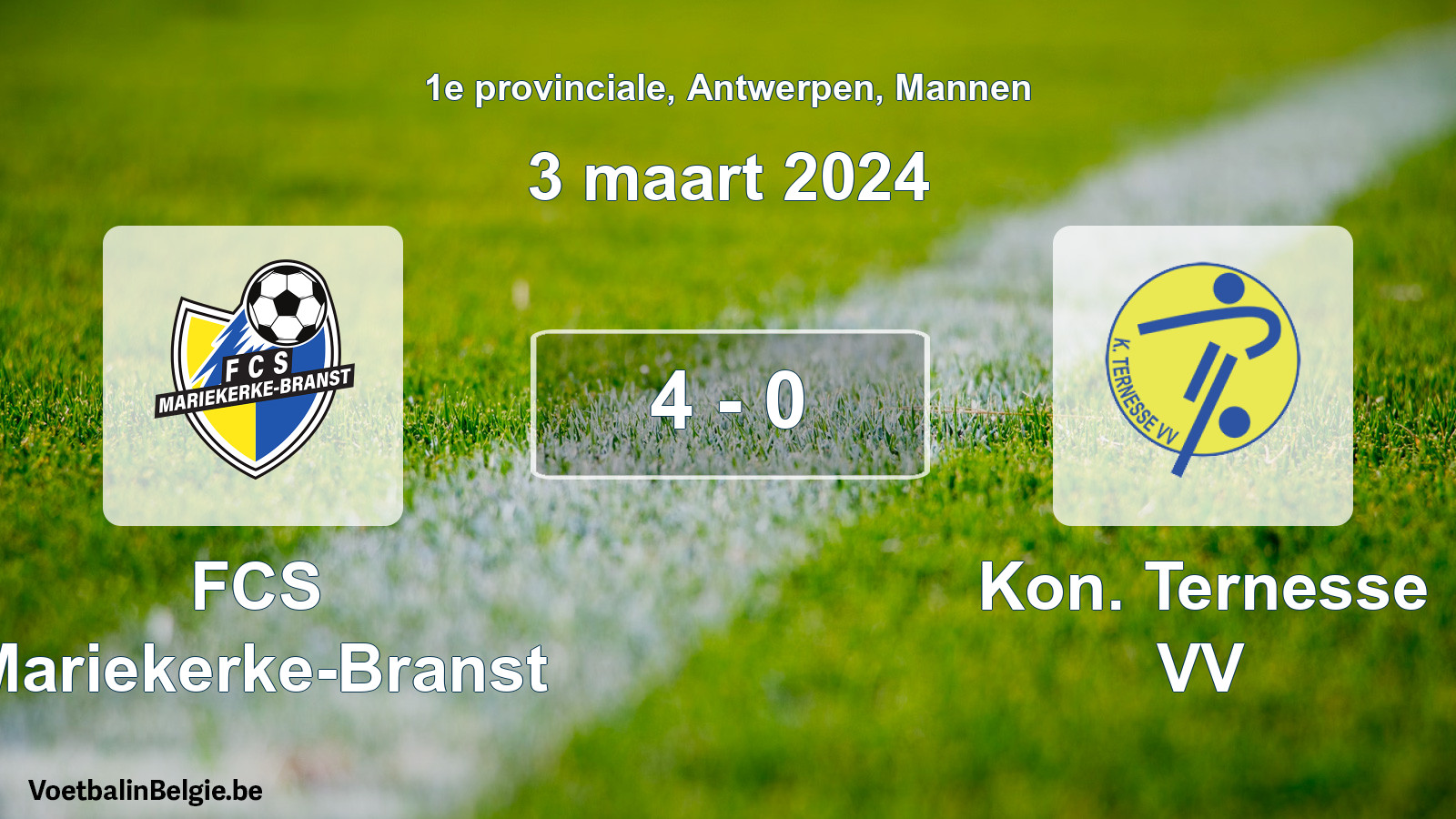 Gespeelde wedstrijd mannenvoetbal: FCS Mariekerke-Branst - Kon. Ternesse VV 4 - 0 (3 maart 2024)