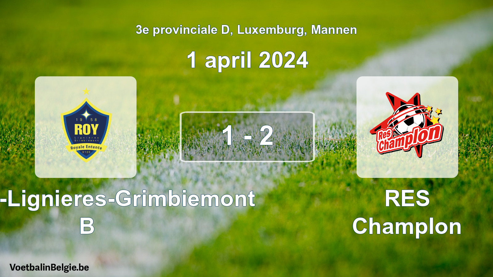 Gespeelde wedstrijd mannenvoetbal: RE Roy-Lignieres-Grimbiemont B - RES Champlon 1 - 2 (1 april 2024)
