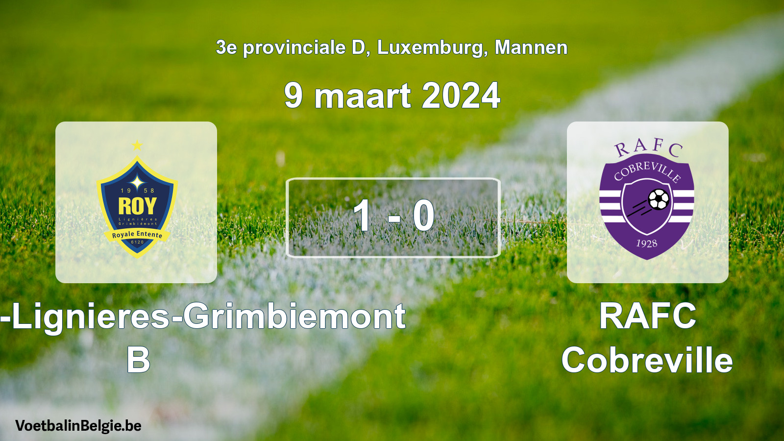 Gespeelde wedstrijd mannenvoetbal: RE Roy-Lignieres-Grimbiemont B - RAFC Cobreville 1 - 0 (9 maart 2024)