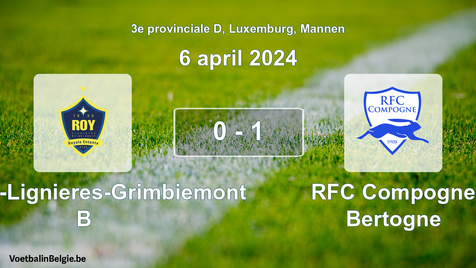 Gespeelde wedstrijd mannenvoetbal: RE Roy-Lignieres-Grimbiemont B - RFC Compogne Bertogne 0 - 1 (6 april 2024)