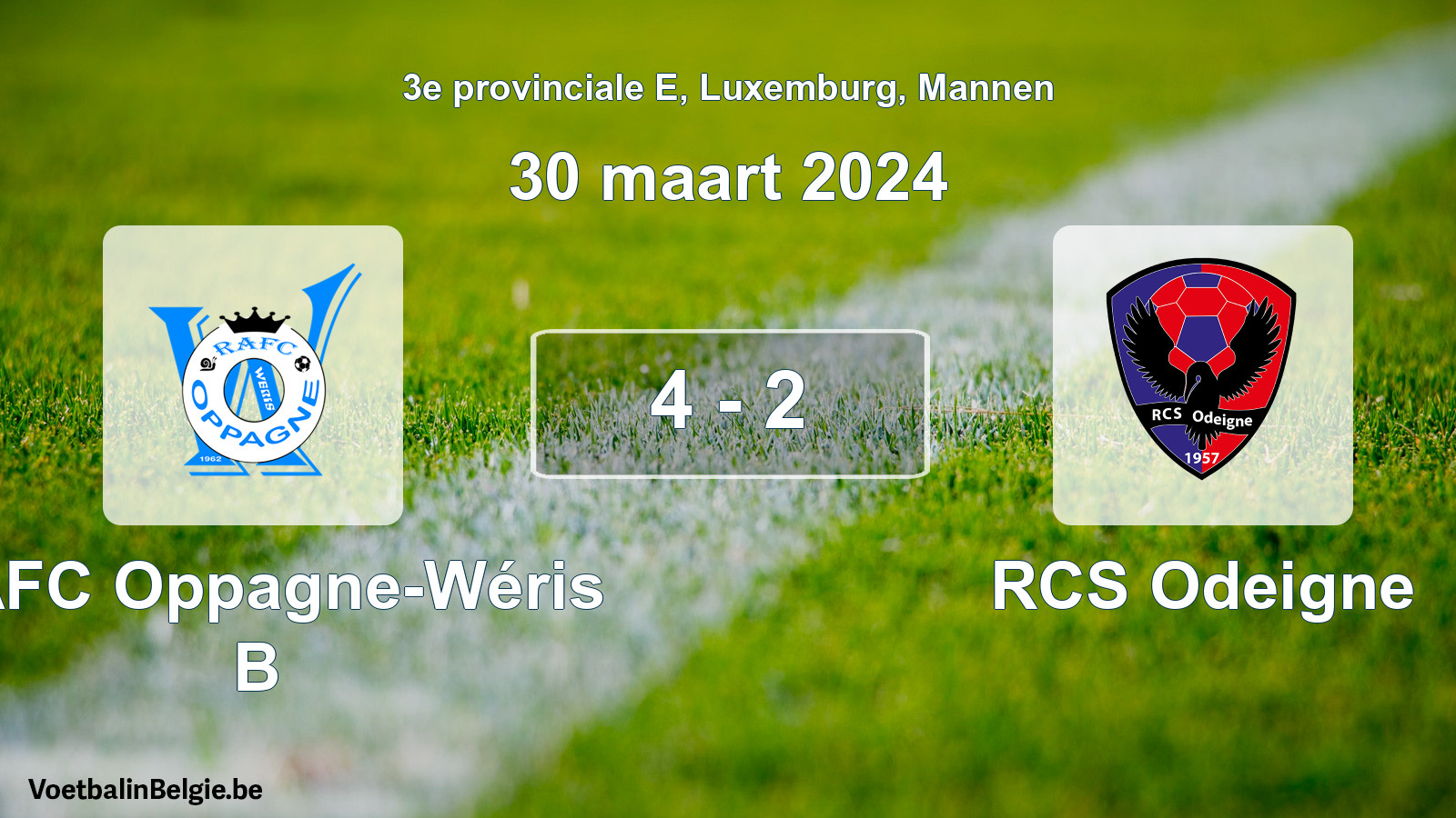 Gespeelde wedstrijd mannenvoetbal: RAFC Oppagne-Wéris B - RCS Odeigne 4 - 2 (30 maart 2024)