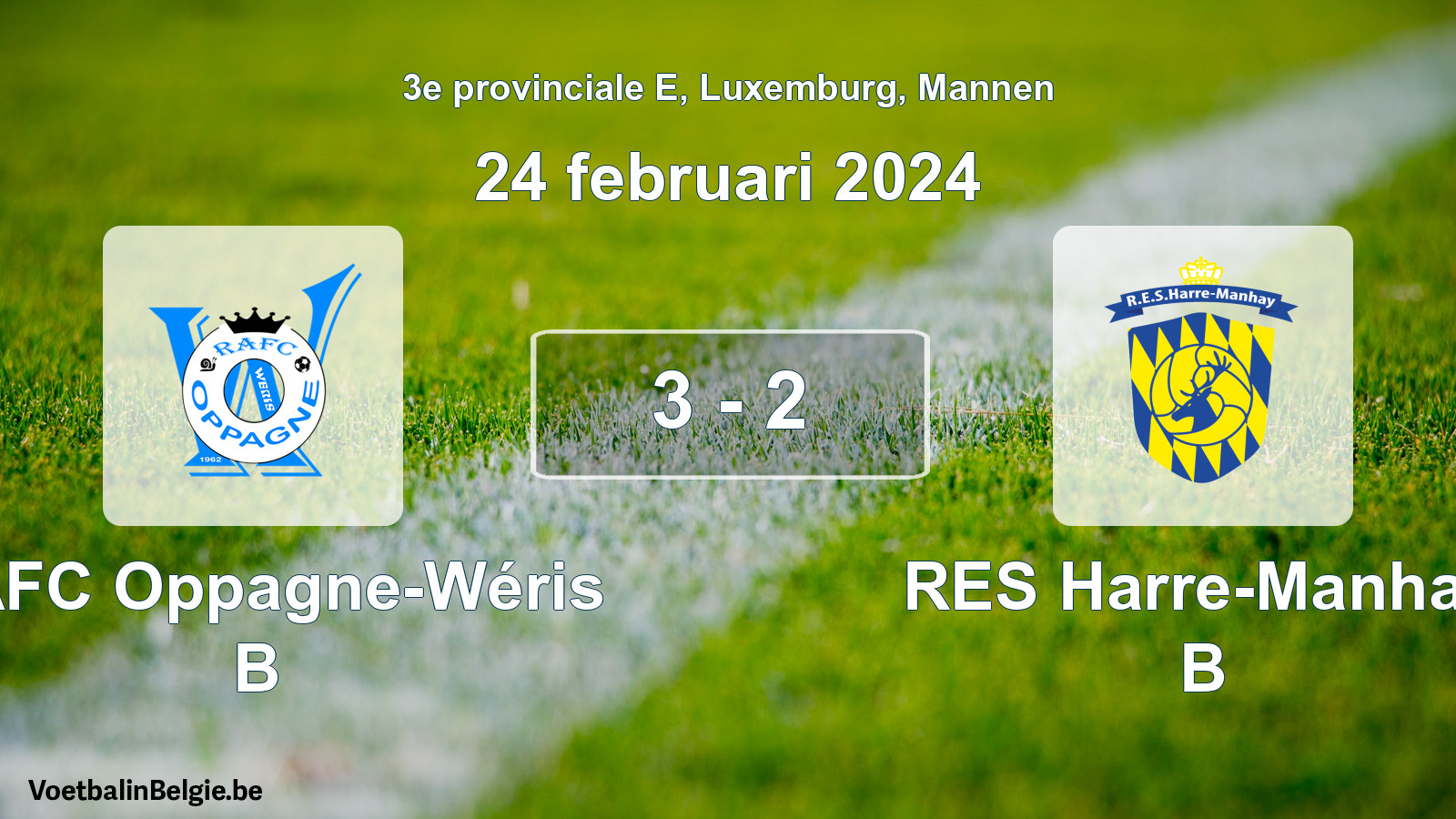 Gespeelde wedstrijd mannenvoetbal: RAFC Oppagne-Wéris B - RES Harre-Manhay B 3 - 2 (24 februari 2024)