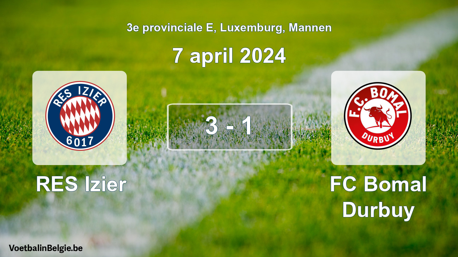 Gespeelde wedstrijd mannenvoetbal: RES Izier - FC Bomal Durbuy 3 - 1 (7 april 2024)