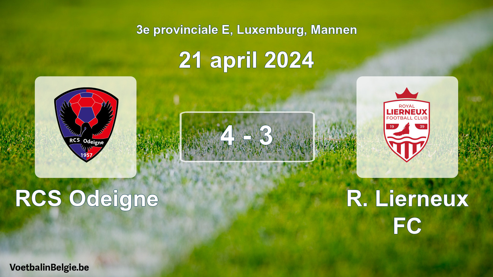 Gespeelde wedstrijd mannenvoetbal: RCS Odeigne - R. Lierneux FC 4 - 3 (21 april 2024)