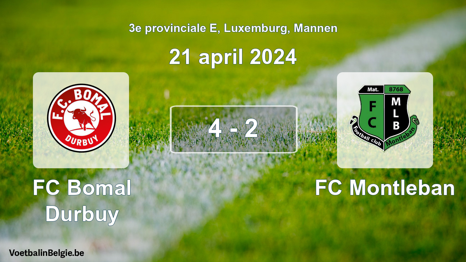 Gespeelde wedstrijd mannenvoetbal: FC Bomal Durbuy - FC Montleban 4 - 2 (21 april 2024)