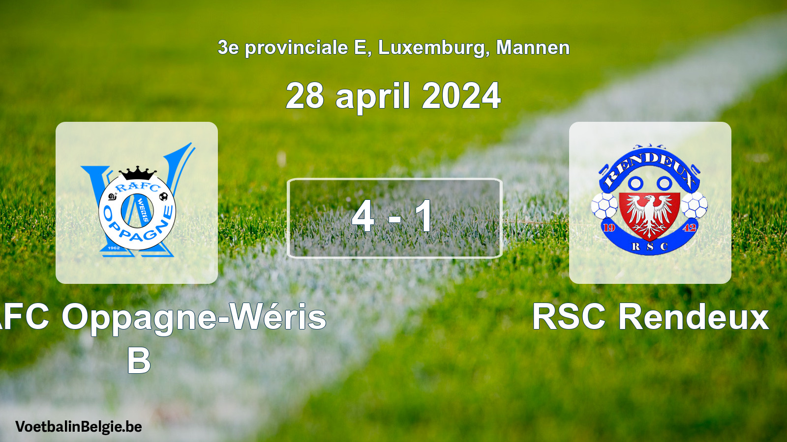 Gespeelde wedstrijd mannenvoetbal: RAFC Oppagne-Wéris B - RSC Rendeux 4 - 1 (28 april 2024)