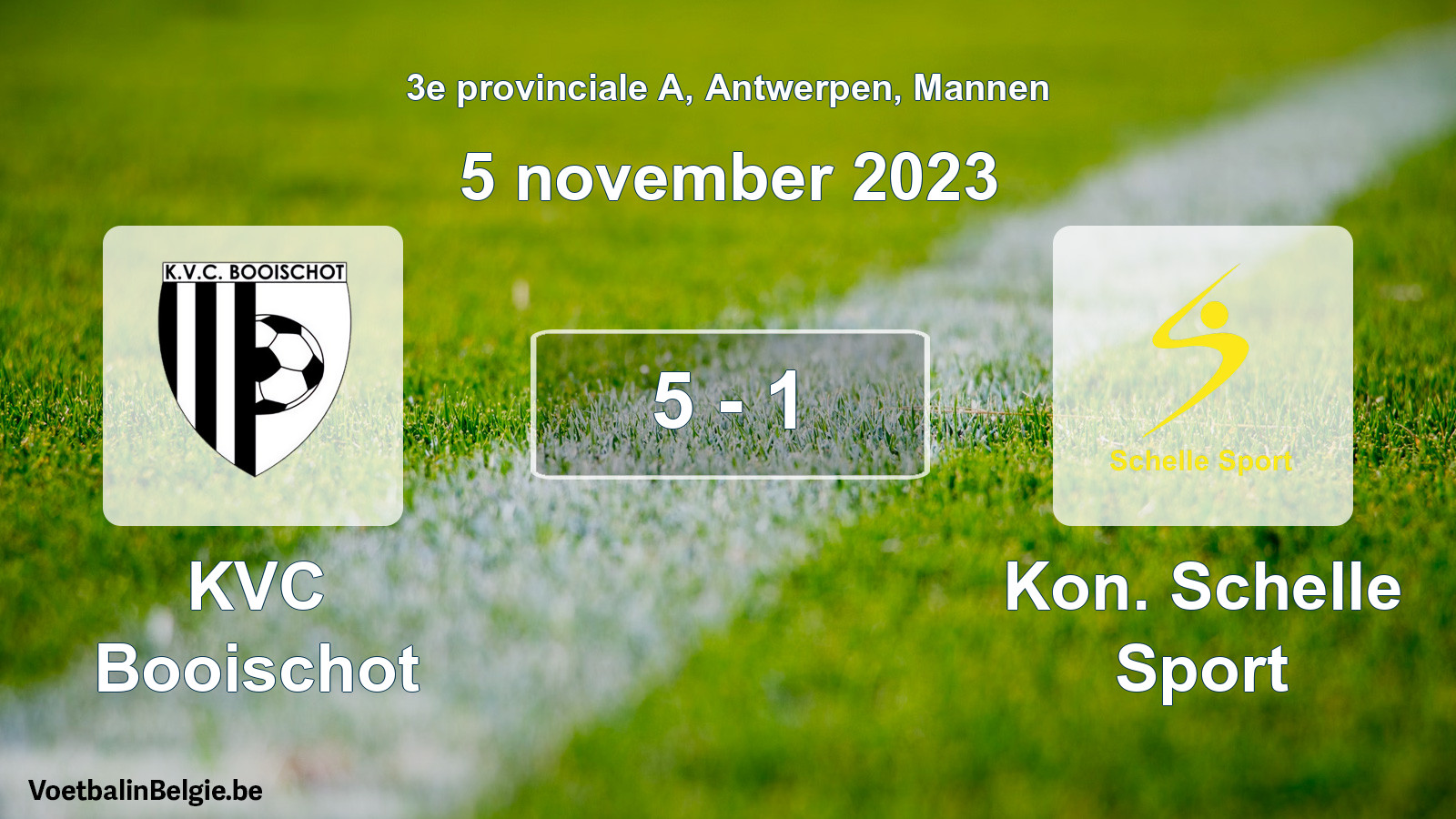 Gespeelde wedstrijd mannenvoetbal: KVC Booischot - Kon. Schelle Sport 5 - 1 (5 november 2023)