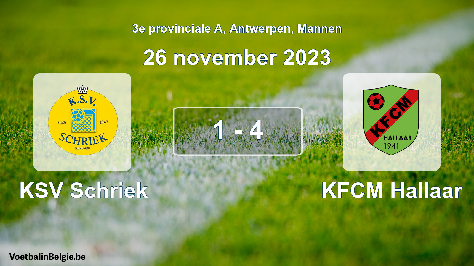 Gespeelde wedstrijd mannenvoetbal: KSV Schriek - KFCM Hallaar 1 - 4 (26 november 2023)