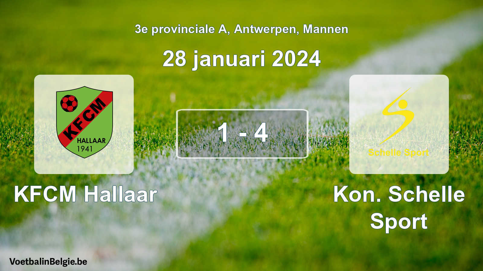 Gespeelde wedstrijd mannenvoetbal: KFCM Hallaar - Kon. Schelle Sport 1 - 4 (28 januari 2024)