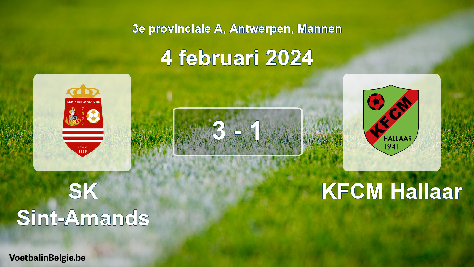 Gespeelde wedstrijd mannenvoetbal: SK Sint-Amands - KFCM Hallaar 3 - 1 (4 februari 2024)