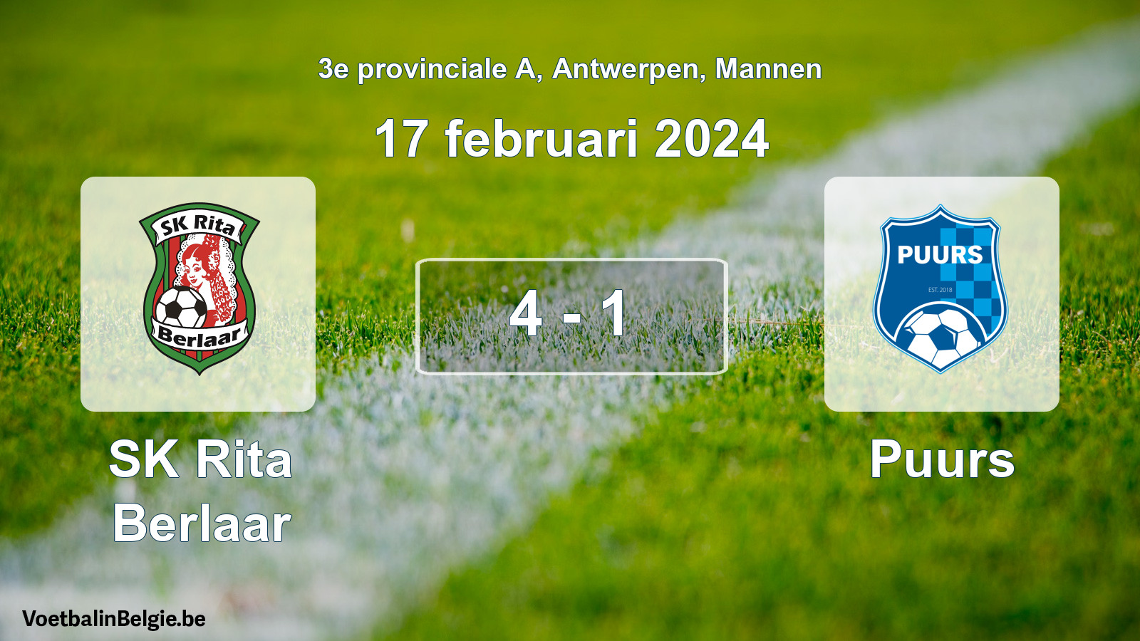 Gespeelde wedstrijd mannenvoetbal: SK Rita Berlaar - Puurs 4 - 1 (17 februari 2024)