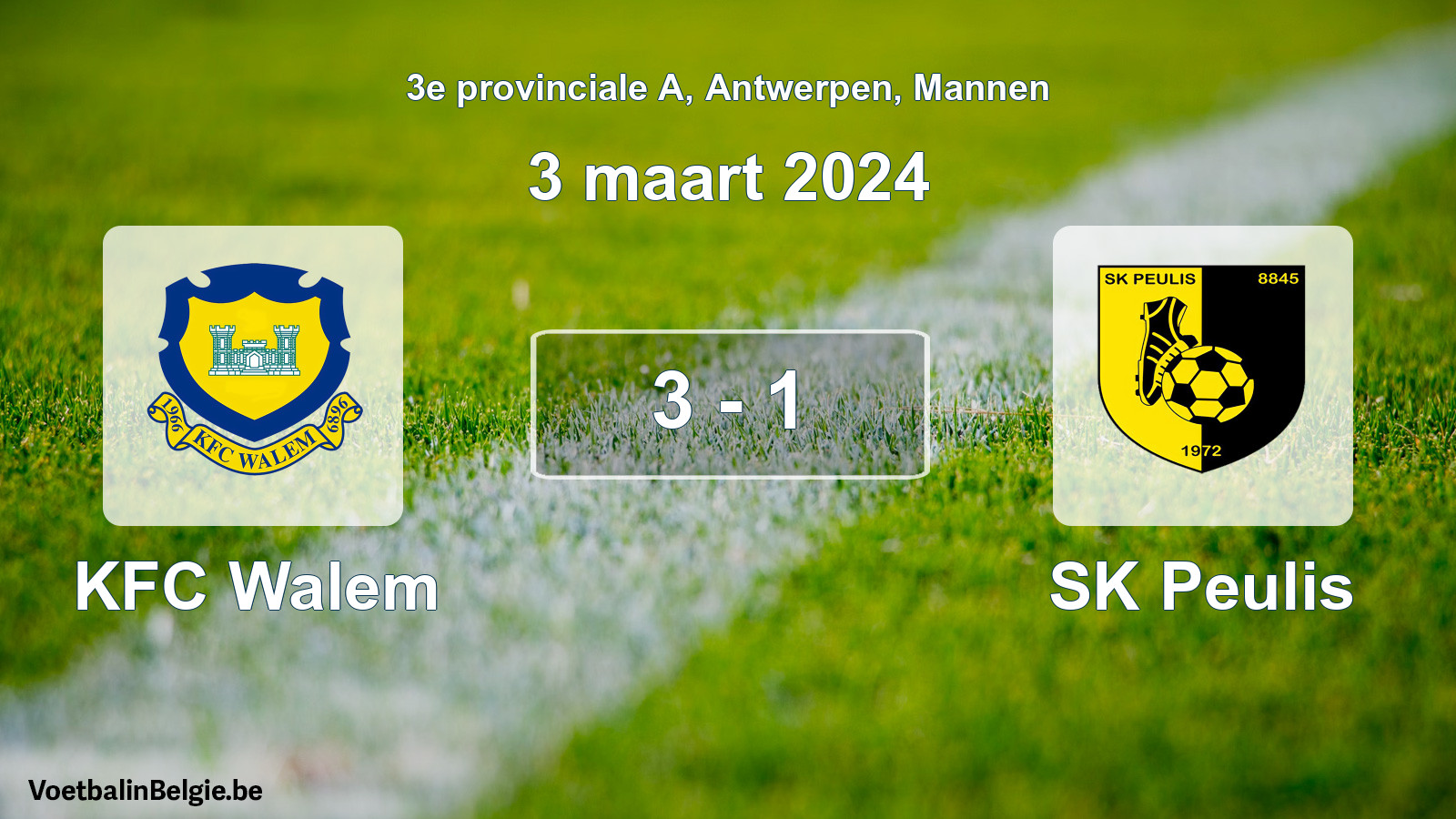 Gespeelde wedstrijd mannenvoetbal: KFC Walem - SK Peulis 3 - 1 (3 maart 2024)