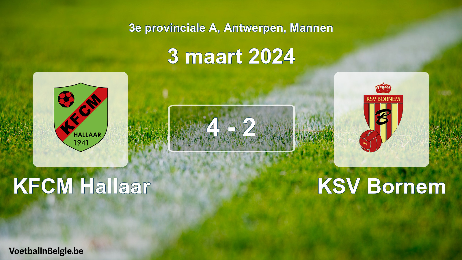 Gespeelde wedstrijd mannenvoetbal: KFCM Hallaar - KSV Bornem 4 - 2 (3 maart 2024)
