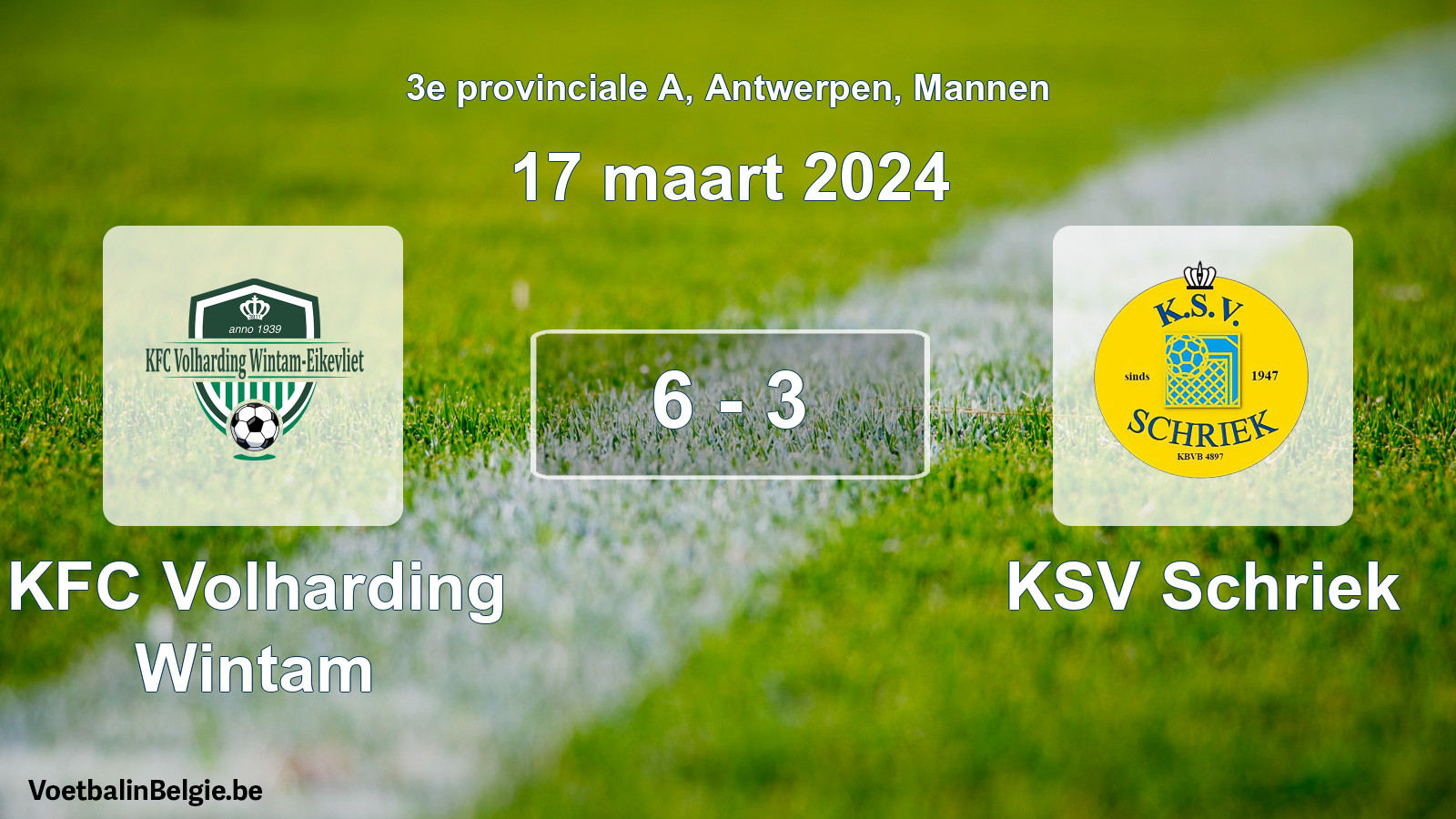 Gespeelde wedstrijd mannenvoetbal: KFC Volharding Wintam - KSV Schriek 6 - 3 (17 maart 2024)