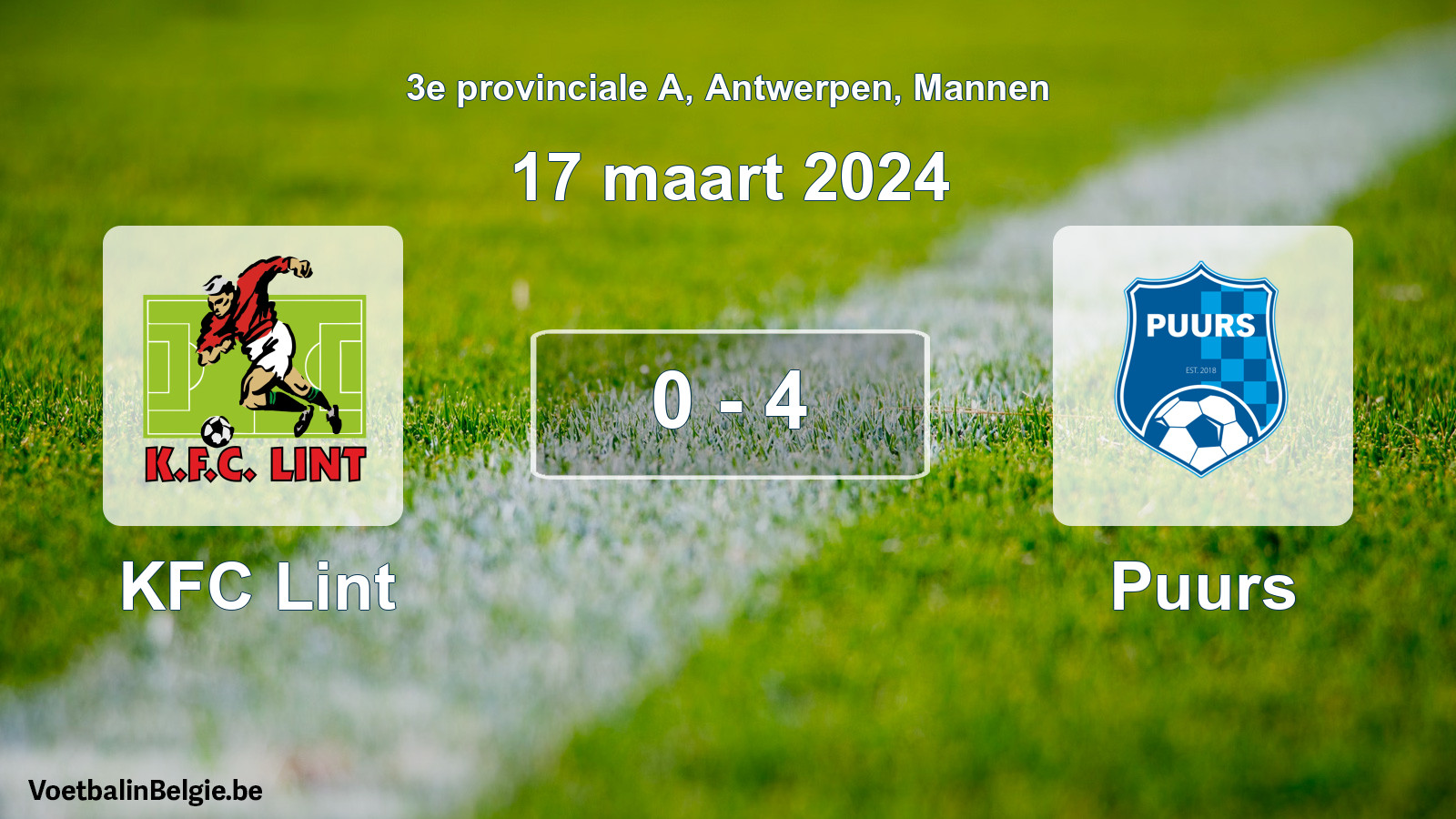 Gespeelde wedstrijd mannenvoetbal: KFC Lint - Puurs 0 - 4 (17 maart 2024)