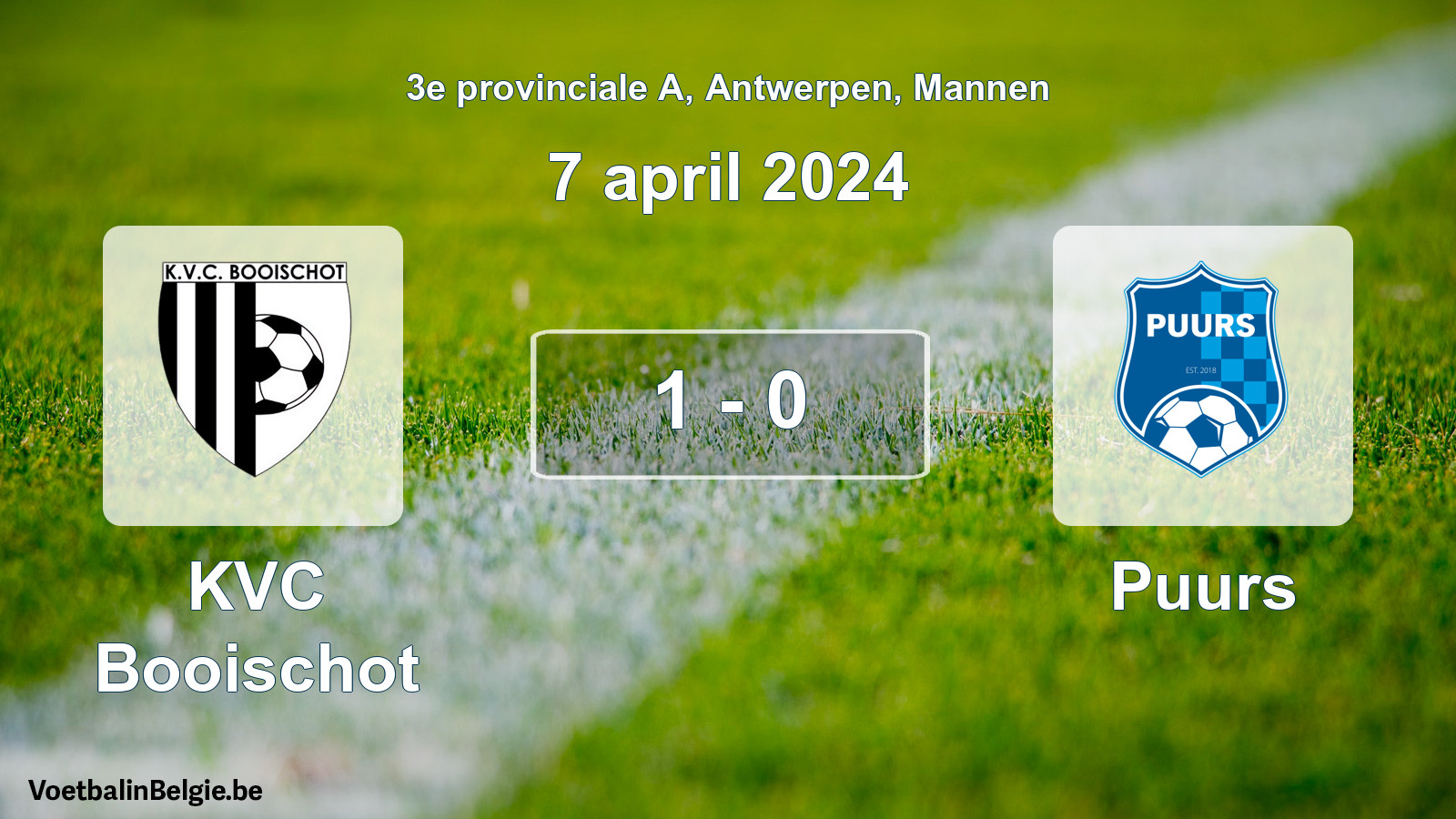 Gespeelde wedstrijd mannenvoetbal: KVC Booischot - Puurs 1 - 0 (7 april 2024)
