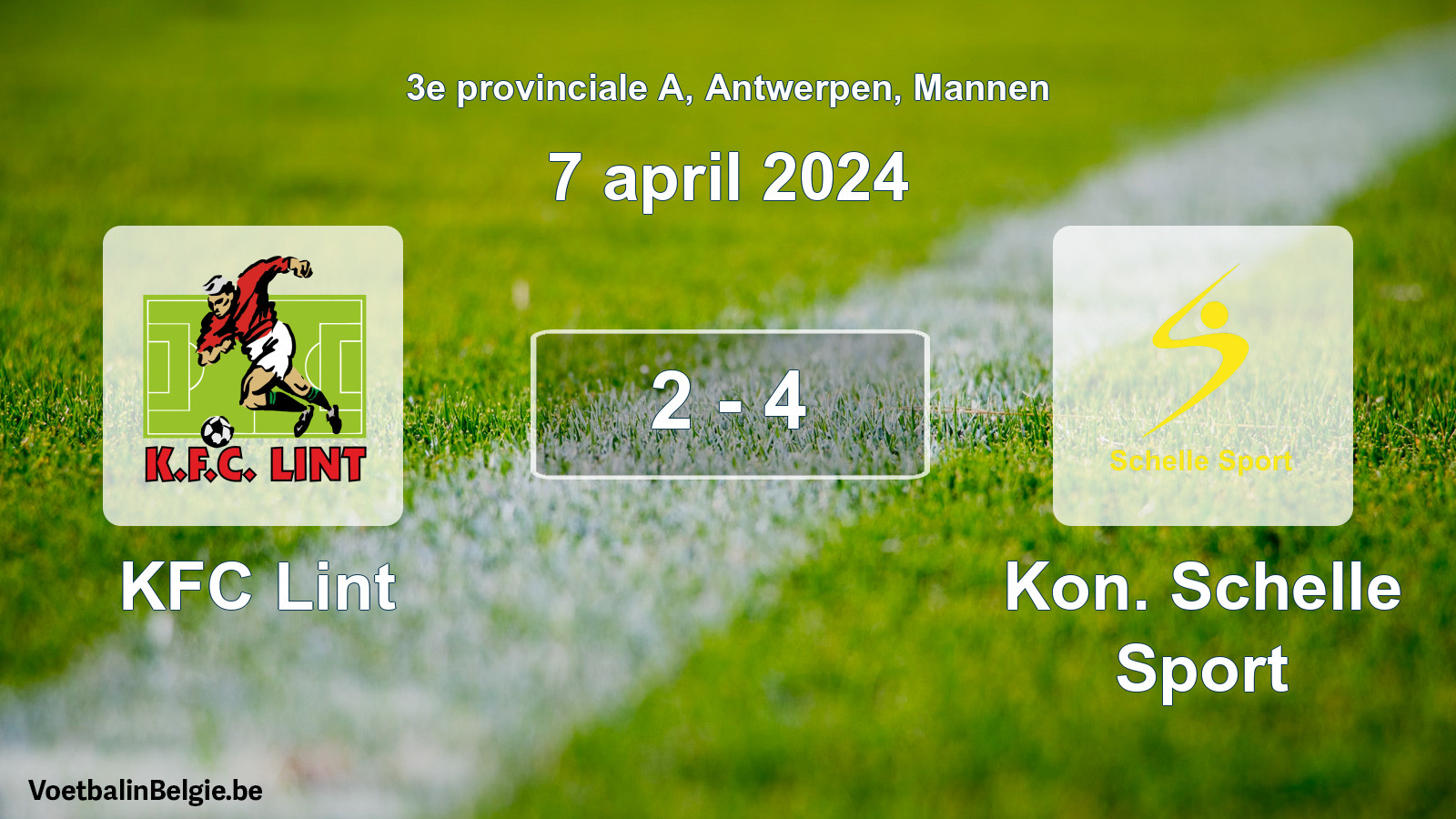 Gespeelde wedstrijd mannenvoetbal: KFC Lint - Kon. Schelle Sport 2 - 4 (7 april 2024)