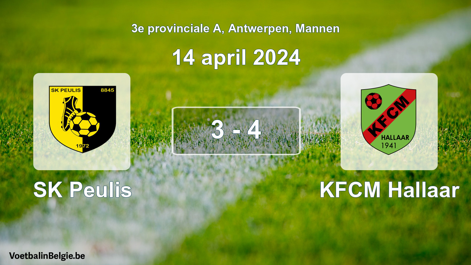 Gespeelde wedstrijd mannenvoetbal: SK Peulis - KFCM Hallaar 3 - 4 (14 april 2024)