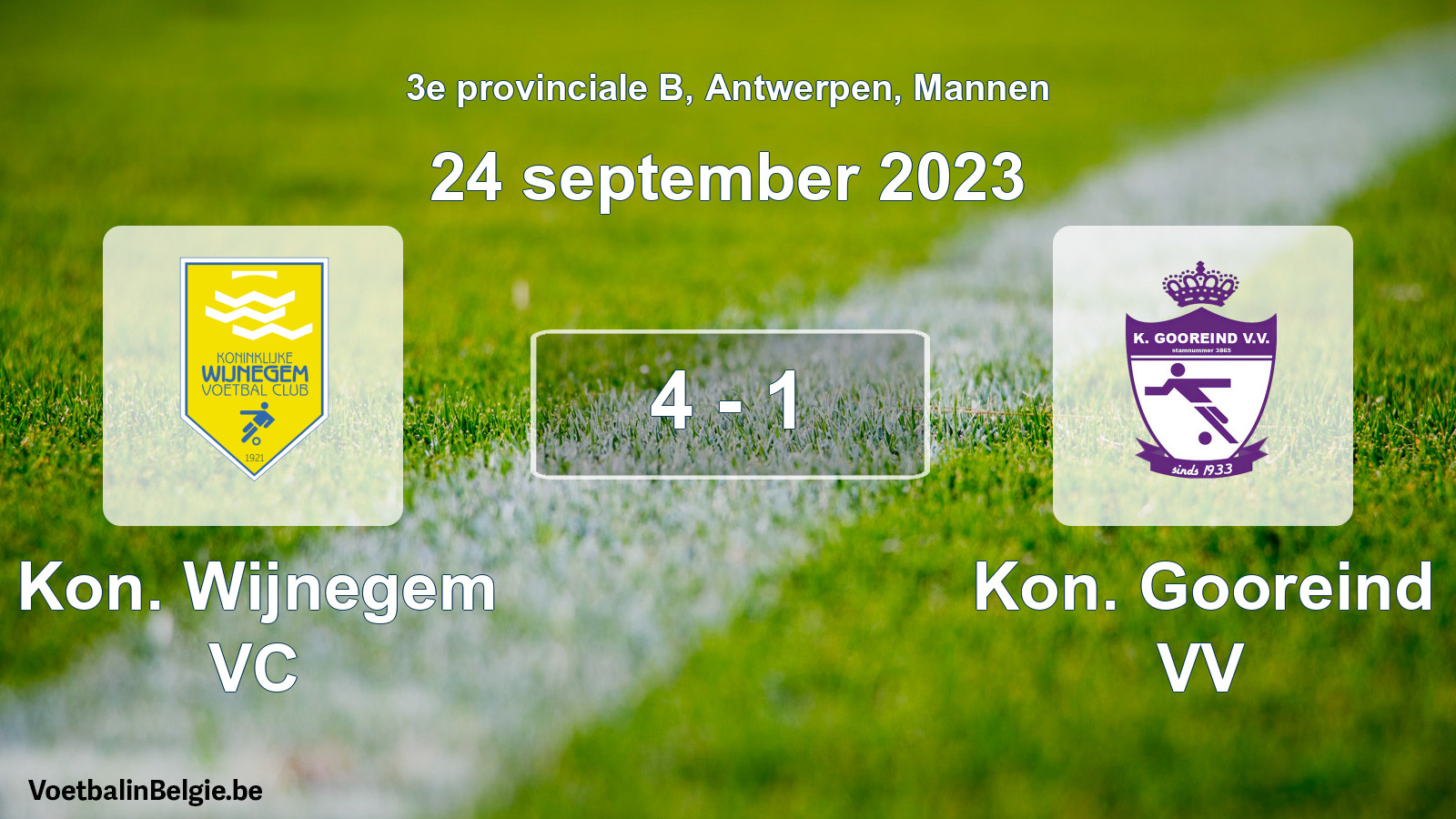 Gespeelde wedstrijd mannenvoetbal: Kon. Wijnegem VC - Kon. Gooreind VV 4 - 1 (24 september 2023)