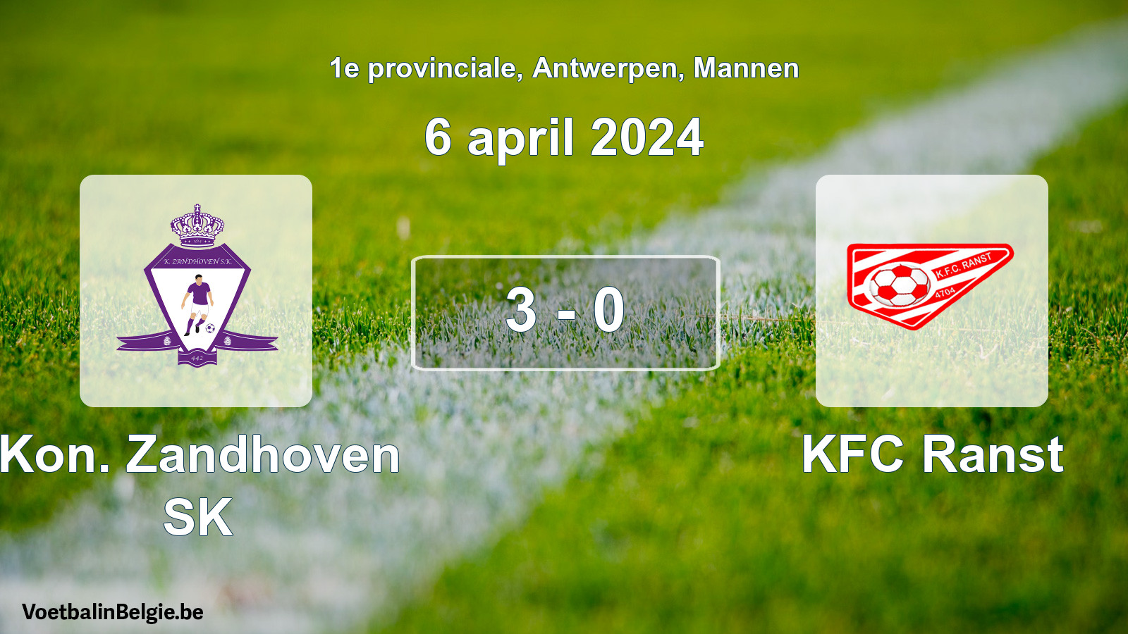 Gespeelde wedstrijd mannenvoetbal: Kon. Zandhoven SK - KFC Ranst 3 - 0 (6 april 2024)