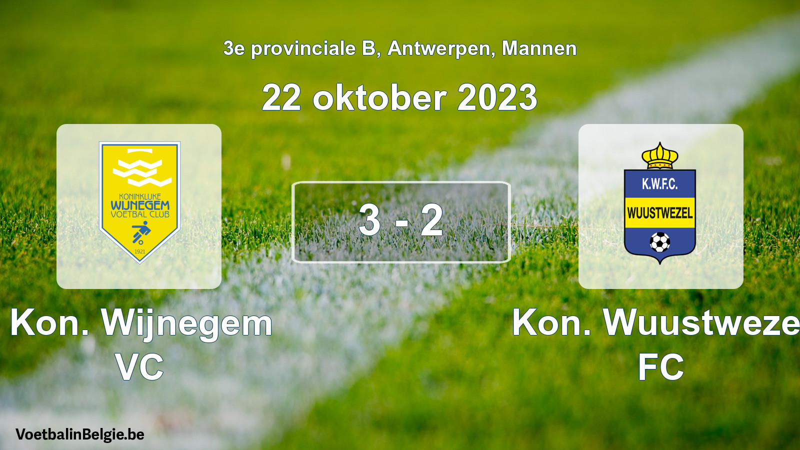 Gespeelde wedstrijd mannenvoetbal: Kon. Wijnegem VC - Kon. Wuustwezel FC 3 - 2 (22 oktober 2023)