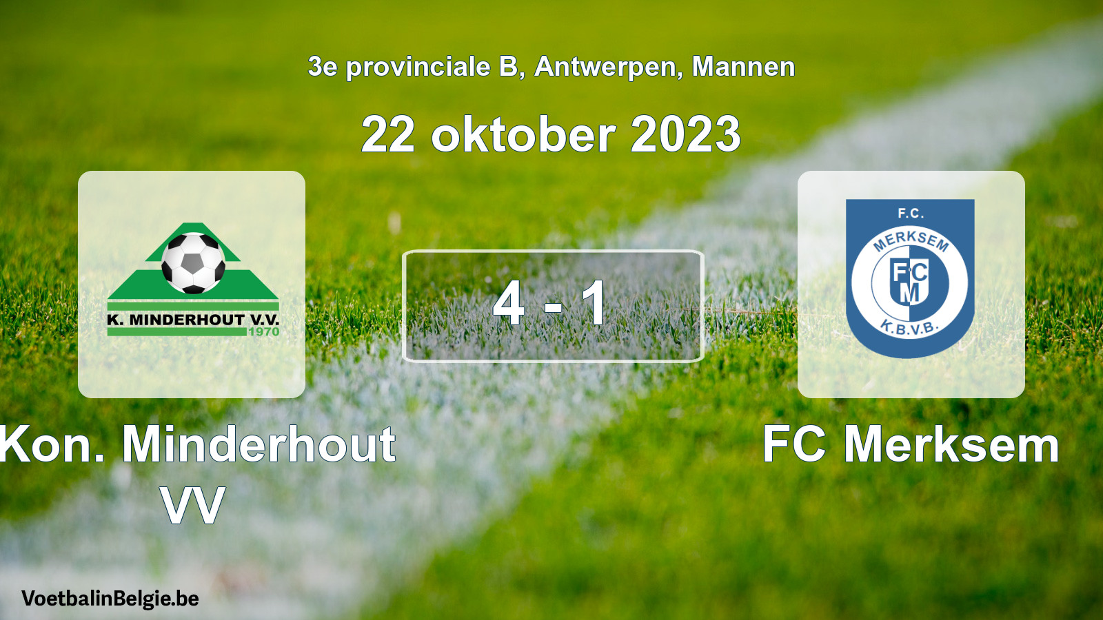 Gespeelde wedstrijd mannenvoetbal: Kon. Minderhout VV - FC Merksem 4 - 1 (22 oktober 2023)
