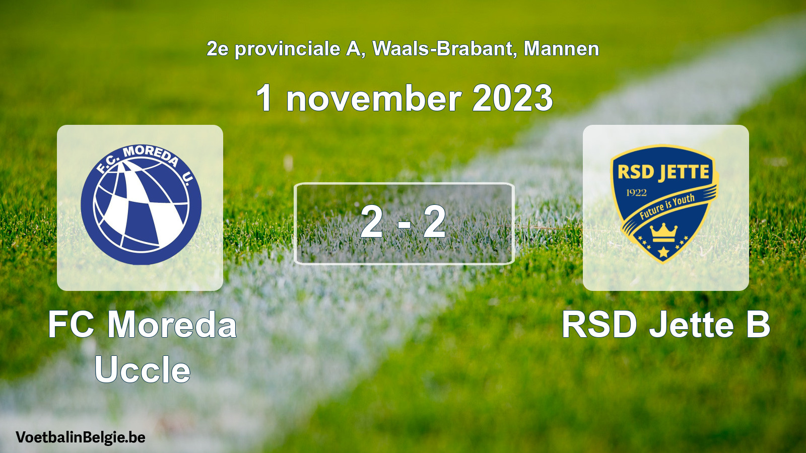 Gespeelde wedstrijd mannenvoetbal: FC Moreda Uccle - RSD Jette B 2 - 2 (1 november 2023)